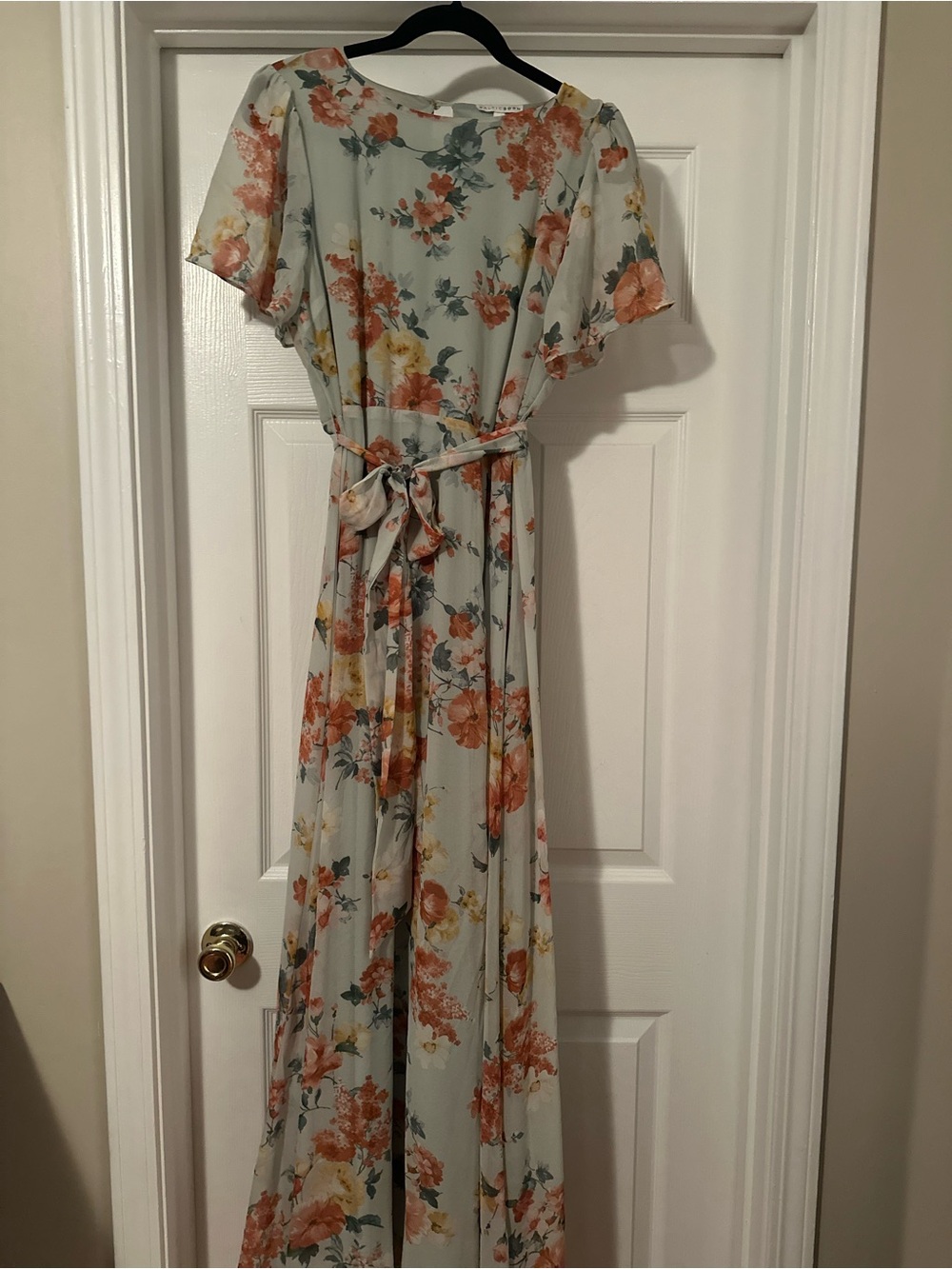 Floral Maxi Dress with Tie Waist - Light Sage Green